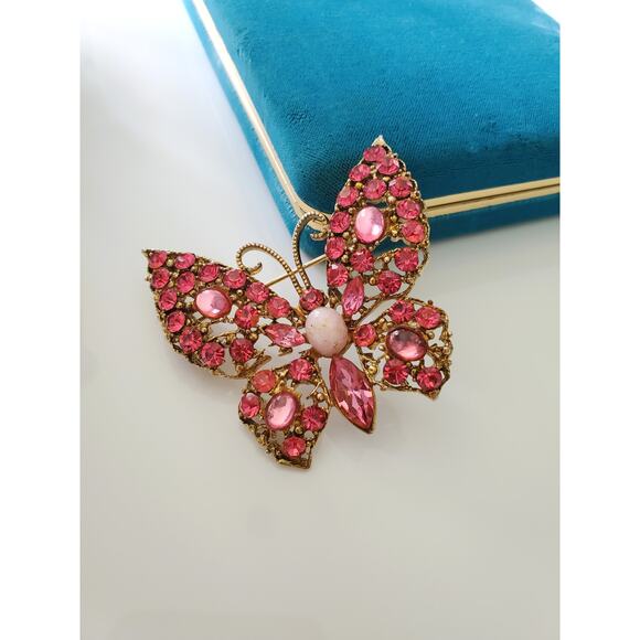 None and/or Unknown Jewelry - Vintage Pink Rhinestone and Gold Tone Butterfly Brooch